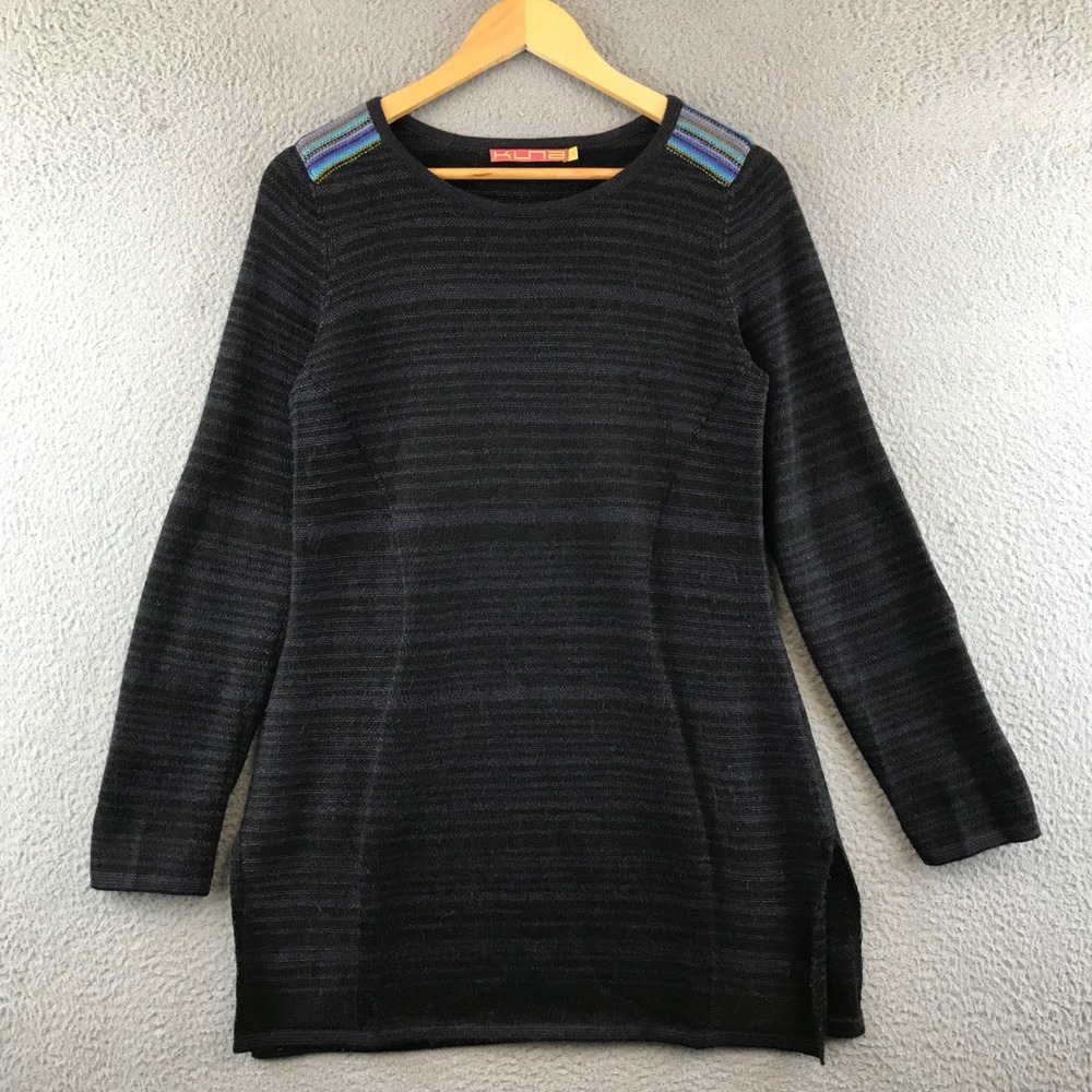 Kuna Black Baby Alpaca Knit Tunic Top Striped Shoulders & Elbows Small